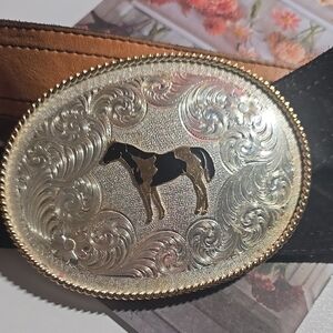 Montana Silversmiths Silver  Horse Belt Buckle & Black Hobby Horse Belt Sz 34